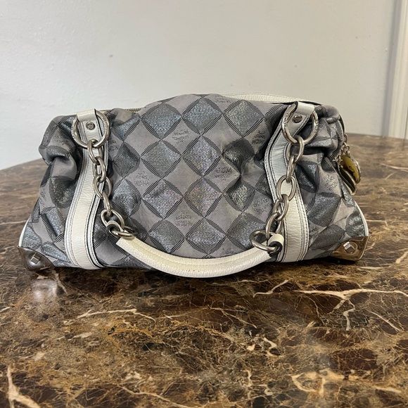 Authentic MCM Munchen Monogram Satchel Chain Handle Handbag Gray White - Picture 2 of 11